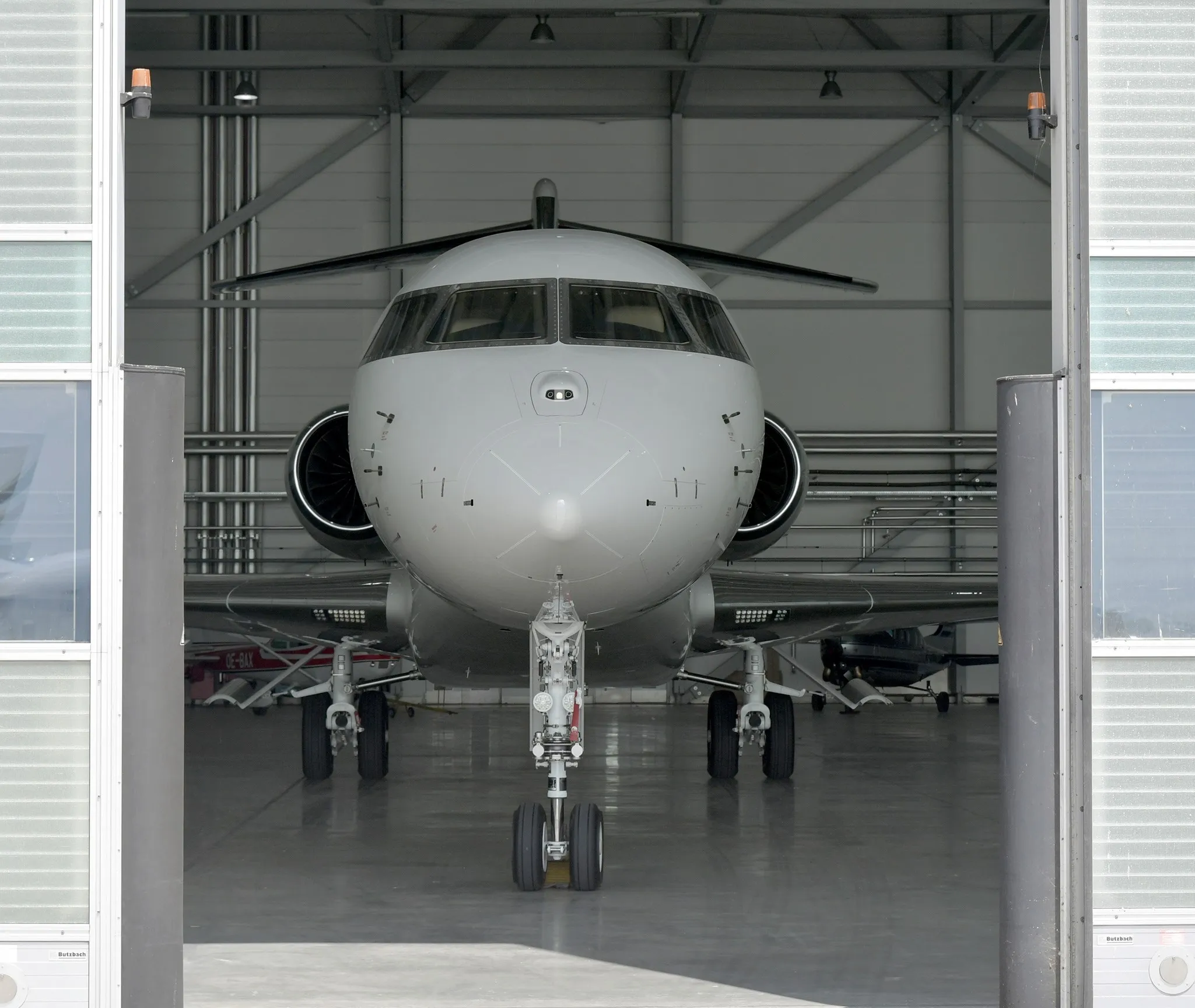 Aircraft positioned in a maintenance hangar